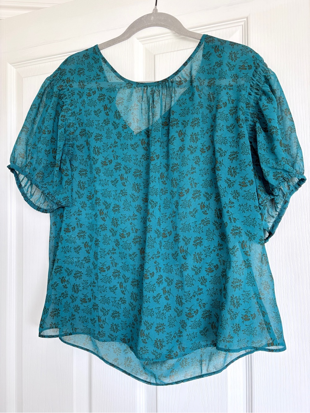 CAbi Teal Floral Sheer Puff-Sleeve Blouse